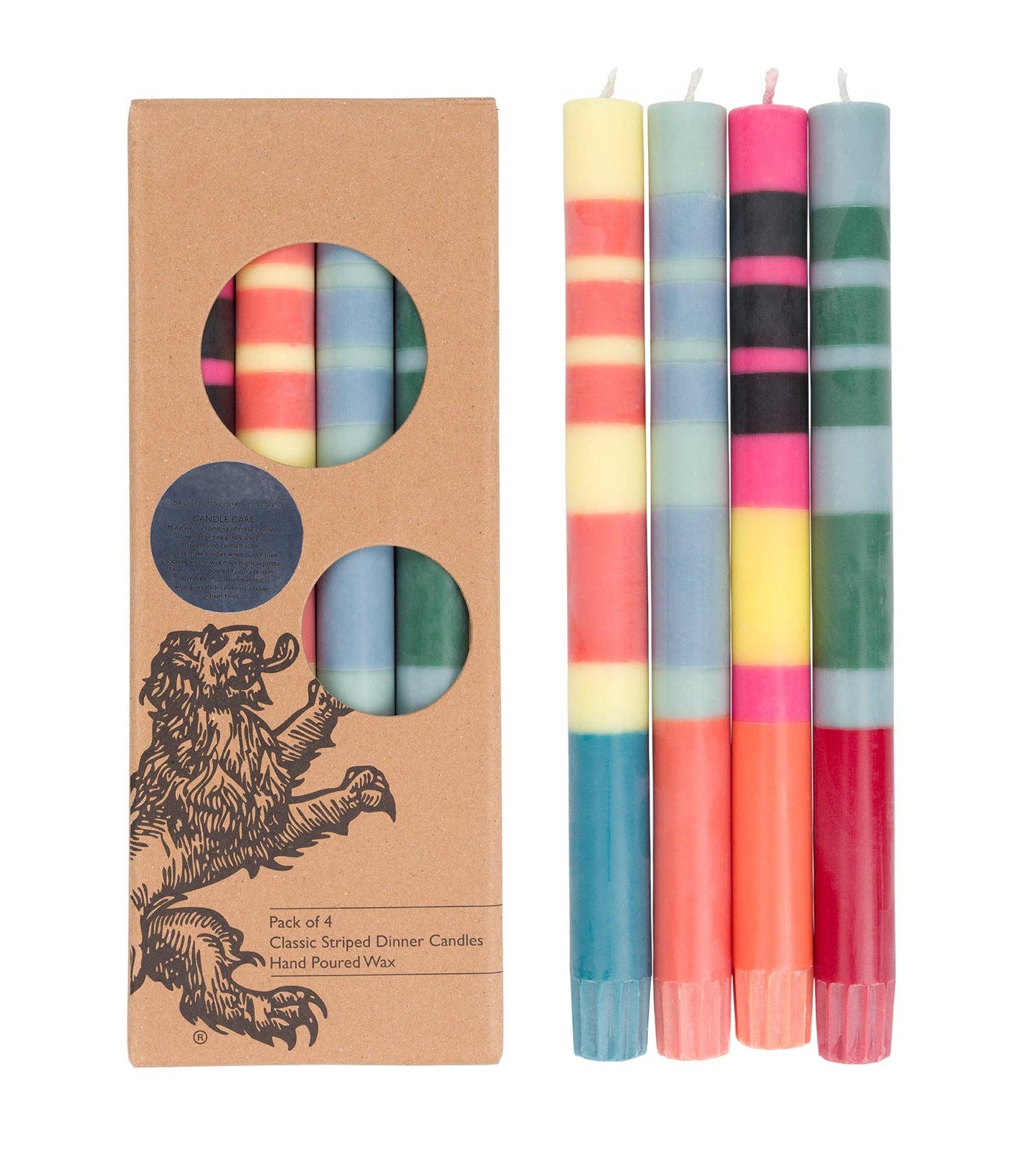 Mixed Set Reds, Oranges & Blues Striped Eco Dinner Candles, 4 per pack