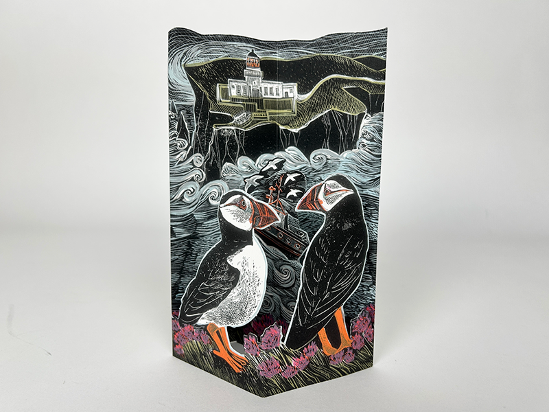 Art Angels 3D 'Fair Isle Puffins at the Northern Lighthouse' by Angela Harding Greetings Card