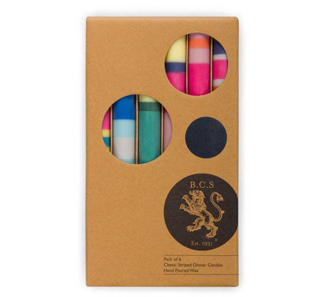 Mixed Wide 6 x Striped Set, Eco Dinner Candles, 6 per pack