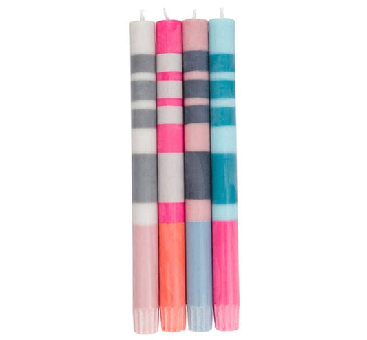 Mixed Set Pinks, Blues & Greys Striped Eco Dinner Candles, 4 per pack