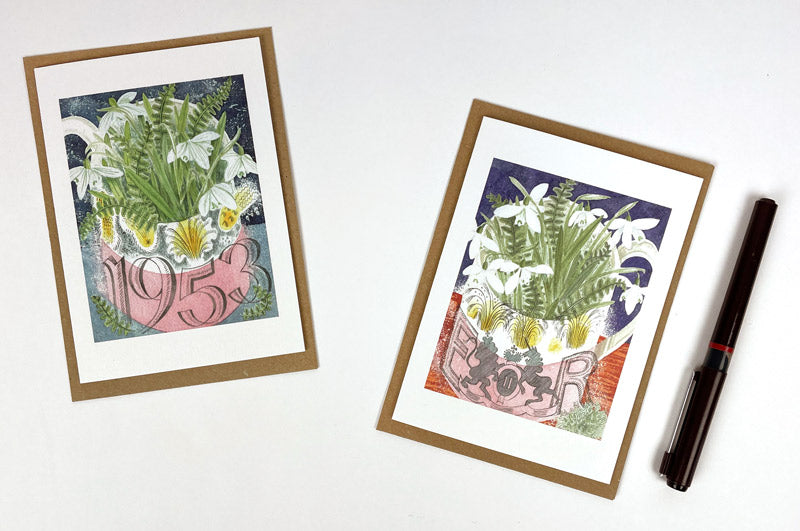 1953 Coronation Mug & Snowdrops and February Coronation Mug by Angie Lewin Notecards