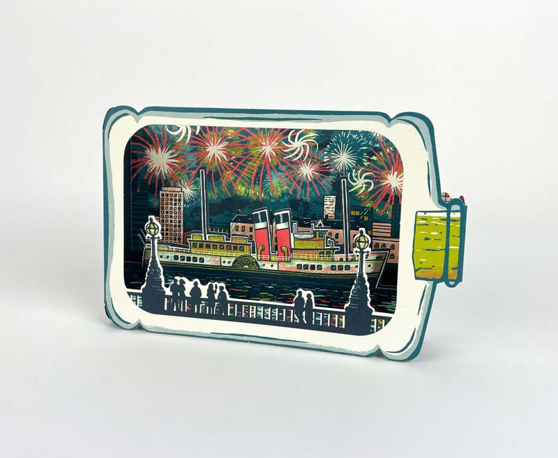 Art Angels 3D 'Fireworks Spectacular' Ship in a bottle by Tom Jay Greetings Card